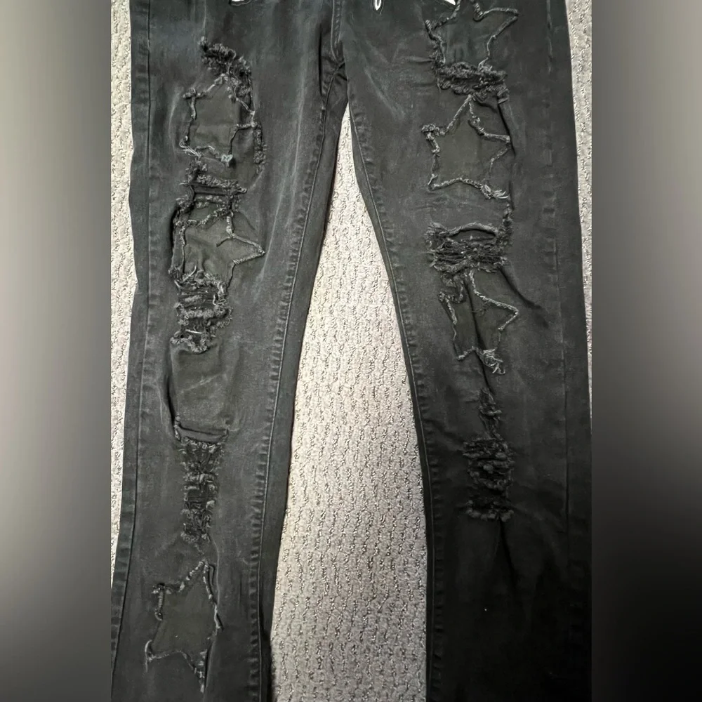 Black Rockstar Distressed Baggy Denim Men’s Jeans with Star Patches Size 40